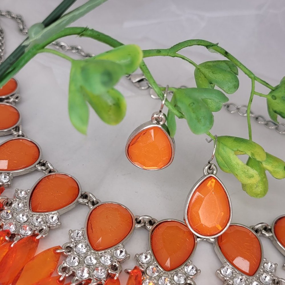 Multilayer Resin and Crystal Bib Necklace With Earrings, Orange